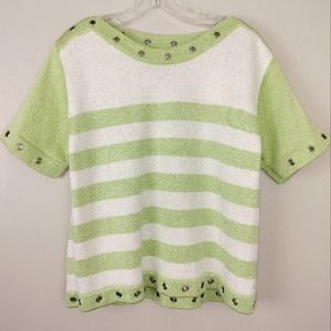 FIA Italian Handloomed Vintage Key Lime Striped Knit Top w/ eyelets Sz. M